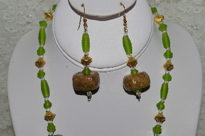 +MBAHB #33-160  "Fancy Hand Made Coffee Bead & Frosted Green Glass Bead Necklace & Matching Earring Set"