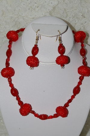 +MBAHB #33-165  "Fancy Hand Made Red Seed Bead Cluster Beads & Fancy Red Glass Necklace & Matching Earring Set"