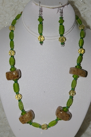 +MBAHB #33-148  " Fancy Hand Made Coffee Bead, Green Frosted Glass & Pale Yellow Faceted Crystal Bead Necklace & Earring Set"