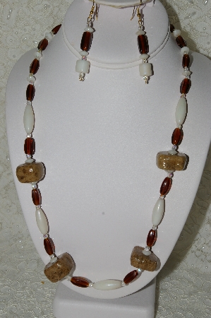 +MBAHB #33-186  "Fancy Coffee Bead, Brown Glass & White Luster Glass Bead Necklace & Matching Earring Set"
