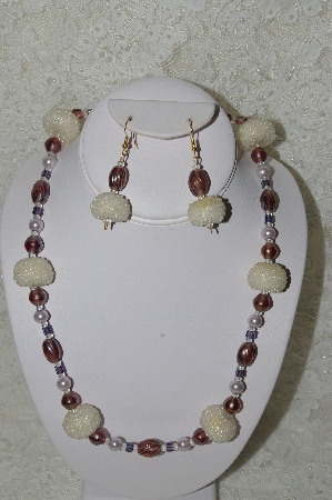 +MBAHB #33-151  "Hand Made Cluster Beads, Purple Luster Glass Beads & Pale Lavender Glass Pearl Necklace & Matching Earring Set"