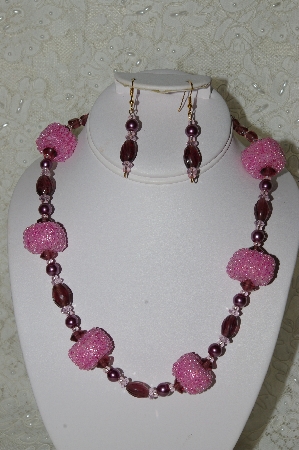 +MBAHB #33-108  "Fancy Square Pink Seed Bead, Purple Glass & Pink Crystal Necklace & Matching Earring Set"