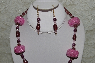 +MBAHB #33-108  "Fancy Square Pink Seed Bead, Purple Glass & Pink Crystal Necklace & Matching Earring Set"