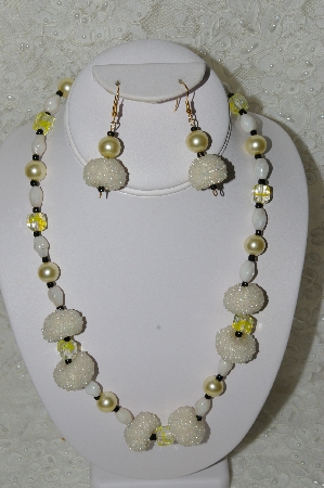 +MBAHB #33-117  "Fancy Hand Made Seed Bead Cluster Beads, Large Yellow Glass Pearls, Fancy Yellow Glass Beads & White Luster Glass Bead Necklace & Matching Earring Set"