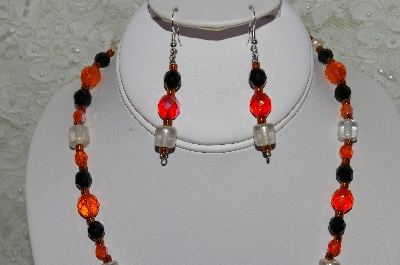 +MBAHB #33-104  "Fancy Orange Seed Bead Cluster, Czech Faceted Orange Glass Beads, Black Faceted Crystal Beads & Clear Luster Glass Beaded Necklace & Matching Earring Set"