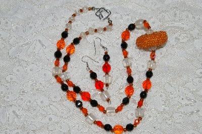 +MBAHB #33-104  "Fancy Orange Seed Bead Cluster, Czech Faceted Orange Glass Beads, Black Faceted Crystal Beads & Clear Luster Glass Beaded Necklace & Matching Earring Set"