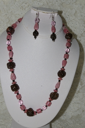 +MBAHB #33-023  "Fancy Hand Made Rose Petal Beads, Pink Luster Glass Bead & Faceted Pink Crystal Beaded Necklace & Matching Earring Set"