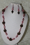 +MBAHB #33-023  "Fancy Hand Made Rose Petal Beads, Pink Luster Glass Bead & Faceted Pink Crystal Beaded Necklace & Matching Earring Set"