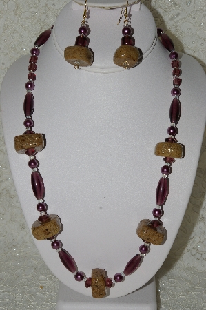 +MBAHB #33-111  "Fancy Hand Made Coffee Bead, Purple Luster Glass Bead & Purple Glass Pearl Necklace & Matching Earring Set"