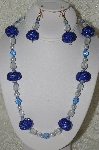 +MBAHB #33-142  "Fancy Hand Made Blue Seed Bead Cluster Beads, Clear Glass Bead, White Glass Pearl & Fancy Faceted Blue Crystal Bead Necklace & Matching Earring Set"