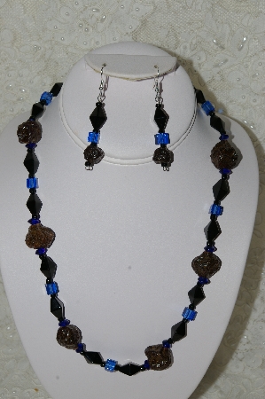 +MBAHB #33-101  "Fancy Hand made Victorian Rose Petal Beads, Square Blue Glass Beads & Fancy Black Glass Bead Necklace & Matching Earring Set"
