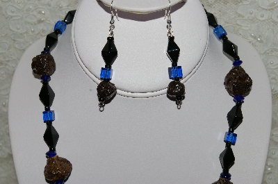 +MBAHB #33-101  "Fancy Hand made Victorian Rose Petal Beads, Square Blue Glass Beads & Fancy Black Glass Bead Necklace & Matching Earring Set"