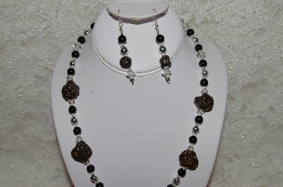 +MBAHB #33-064 "Fancy Hand made Victorian Rose Petal Beads, Sterling Silver Beads, Clear Glass Beads & Black Glass Bead Necklace & Matching Earring Set"
