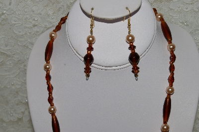 +MBAHB #33-134  "Fancy Square Coffee Beads, Brown Glass & Glass Pearl Necklace & Matching Earring Set"