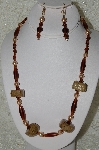 +MBAHB #33-134  "Fancy Square Coffee Beads, Brown Glass & Glass Pearl Necklace & Matching Earring Set"