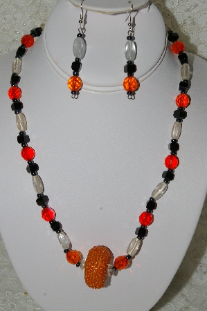 +MBAHB #33-097  "Fancy Orange Seed Bead Cluster Bead,Czech Faceted Orange Glass bead,Clear Luster Glass & Fancy Square Black Glass Bead Necklace & Matching Earring Set"