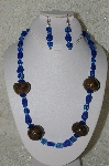 +MBAHB #33-073  "Fancy Hand Made Round Coffee Beads, Frosted Blue Glass Beads & Fancy Square Blue Glass Bead Necklace & Matching Earring Set"
