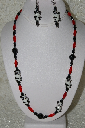 +MBAHB #33-067  "Fancy Panda Glass Bead, Red Glass Bead & Black Crystal Bead Necklace & Matching Earring Set"