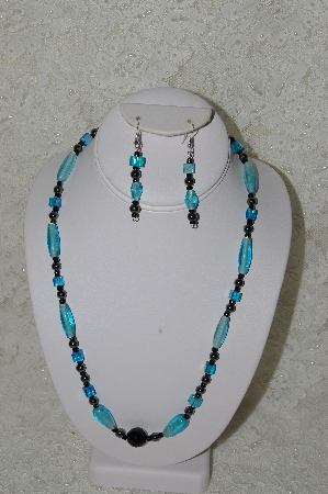 +MBAHB #33-205  "Fancy Aqua Blue Glass Bead & Hemalyke Necklace & Matching Earring Set"
