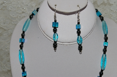 +MBAHB #33-205  "Fancy Aqua Blue Glass Bead & Hemalyke Necklace & Matching Earring Set"