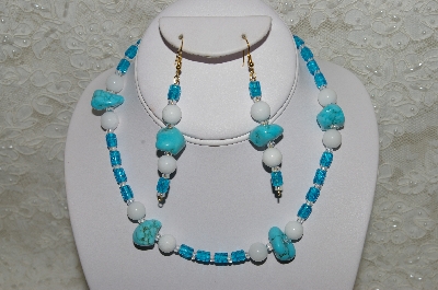 +MBAHB #33-179   "Fancy Turquoise, White Jade & Blue Cracked Glass Bead Necklace & Matching Earring Set"
