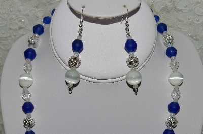 +MBAHB #33-036  "Fancy White Glass Cats Eye, Fancy Faceted Clear Glass, Silver plated Beads & Frosted Blue Glass Bead Necklace & Matching Earring Set"