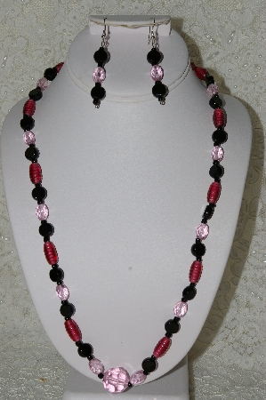 +MBAHB #33-094  "Fancy Cranberry Glass, Black Glass, Pink Crystal Bead Necklace & Matching Earring Set"