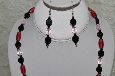 +MBAHB #33-094  "Fancy Cranberry Glass, Black Glass, Pink Crystal Bead Necklace & Matching Earring Set"