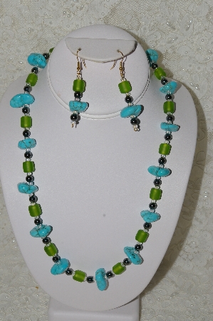 +MBAHB #33-172  "Blue Turquoise, Hemalyke & Frosted Green Glass Bead Necklace & Matching Earring Set"