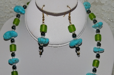 +MBAHB #33-172  "Blue Turquoise, Hemalyke & Frosted Green Glass Bead Necklace & Matching Earring Set"