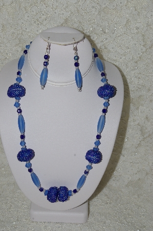 +MBAHB #33-027  "Fancy Hand Made Blue Seed Bead Cluster Beads, Frosted Light Blue Glass & DK Blue Crystal Bead Necklace & Matching Earring Set"