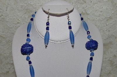 +MBAHB #33-027  "Fancy Hand Made Blue Seed Bead Cluster Beads, Frosted Light Blue Glass & DK Blue Crystal Bead Necklace & Matching Earring Set"