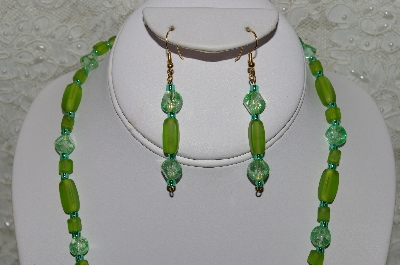 +MBAHB #33-127  "Fancy Hand Made Green Seed Bead Cluster Bead, Frosted Green Glass & Fancy Green Glass Beaded Necklace & Matching Earring Set"