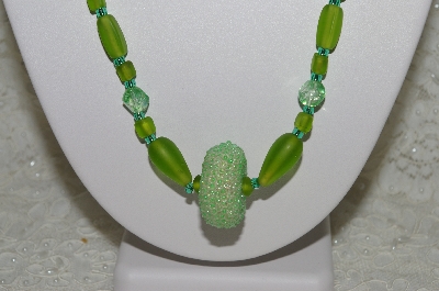 +MBAHB #33-127  "Fancy Hand Made Green Seed Bead Cluster Bead, Frosted Green Glass & Fancy Green Glass Beaded Necklace & Matching Earring Set"