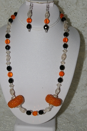 +MBAHB #33-019  "Fancy Hand Made Orange Seed Bead Cluster Beads, Czech Orange Glass Beads, Clear Luster Glass & Faceted Black Crystal Bead Necklace & Matching Earring Set"