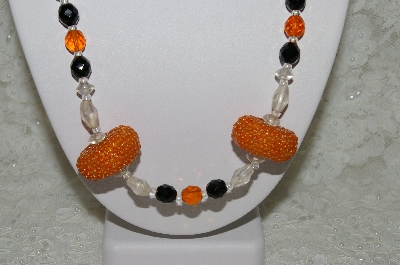 +MBAHB #33-019  "Fancy Hand Made Orange Seed Bead Cluster Beads, Czech Orange Glass Beads, Clear Luster Glass & Faceted Black Crystal Bead Necklace & Matching Earring Set"