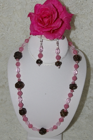+MBAHB #33-090  "Fancy Hand Made Victorian Rose Petal Beads, Pink Milk Glass & Pink Crystal Bead Necklace & Matching Earring Set"