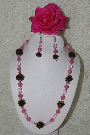 +MBAHB #33-090  "Fancy Hand Made Victorian Rose Petal Beads, Pink Milk Glass & Pink Crystal Bead Necklace & Matching Earring Set"