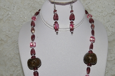 +MBAHB #33-088  "Fancy Hand Made Coffee Beads, Purple Glass & Fancy Pink & Clear Glass Bead Necklace & Matching Earring Set"