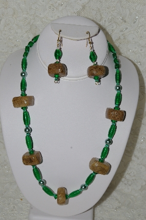 +MBAHB #33-154  "Fancy Hand Made Square Coffee Beads, Green Glass & Green Glass Pearl Necklace & Matching Earring Set"
