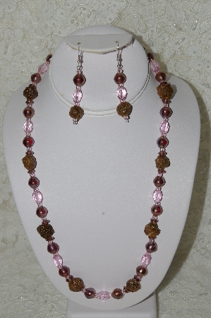 +MBAHB #33-059  "Fancy Hand Made Victorian Rose Petal Beads, Purple Kuster Glass & Pink Crystal Bead Necklace & Matching Earring Set"