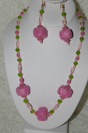 +MBAHB #33-138  "Fancy Pink Hand Made Seed Bead Cluster Beads, Frosted Pink Glass, Frosted Green Glass & Clear Pink Glass Beaded Necklace & Matching Earring Set"