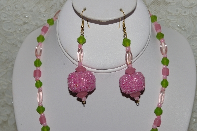 +MBAHB #33-138  "Fancy Pink Hand Made Seed Bead Cluster Beads, Frosted Pink Glass, Frosted Green Glass & Clear Pink Glass Beaded Necklace & Matching Earring Set"