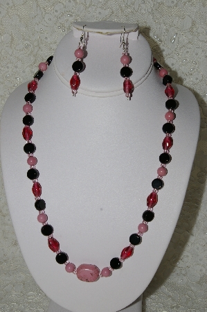+MBAHB #33-011 "Pink Gemstone, Cranberry Glass & Black Glass Bead Necklace & Matching Earring Set"