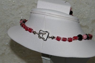 +MBAHB #33-011 "Pink Gemstone, Cranberry Glass & Black Glass Bead Necklace & Matching Earring Set"