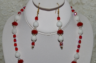 +MBAHB #33-145  "White Jade,DK Red Crystal & AB Red Czech Glass Bead Necklace & Earring Set"