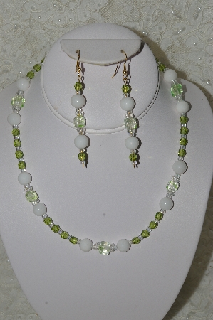 +MBAHB #33-113  "White Jade, Olive Green Czech & Fancy Green & Clear Glass Bead Necklace & Earring Set"