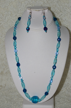 +MBAHB #33-045  "Three Shades Of Blue Glass & Crystal Bead Necklace & Matching Earring Set"