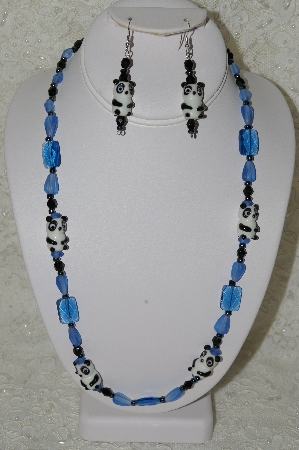 +MBAHB #33-049  "Fancy Lampworked Glass Panda & Blue Glass Bead Necklace & Matching Earring Set"