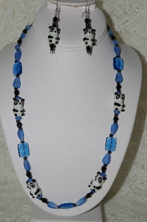 +MBAHB #33-049  "Fancy Lampworked Glass Panda & Blue Glass Bead Necklace & Matching Earring Set"